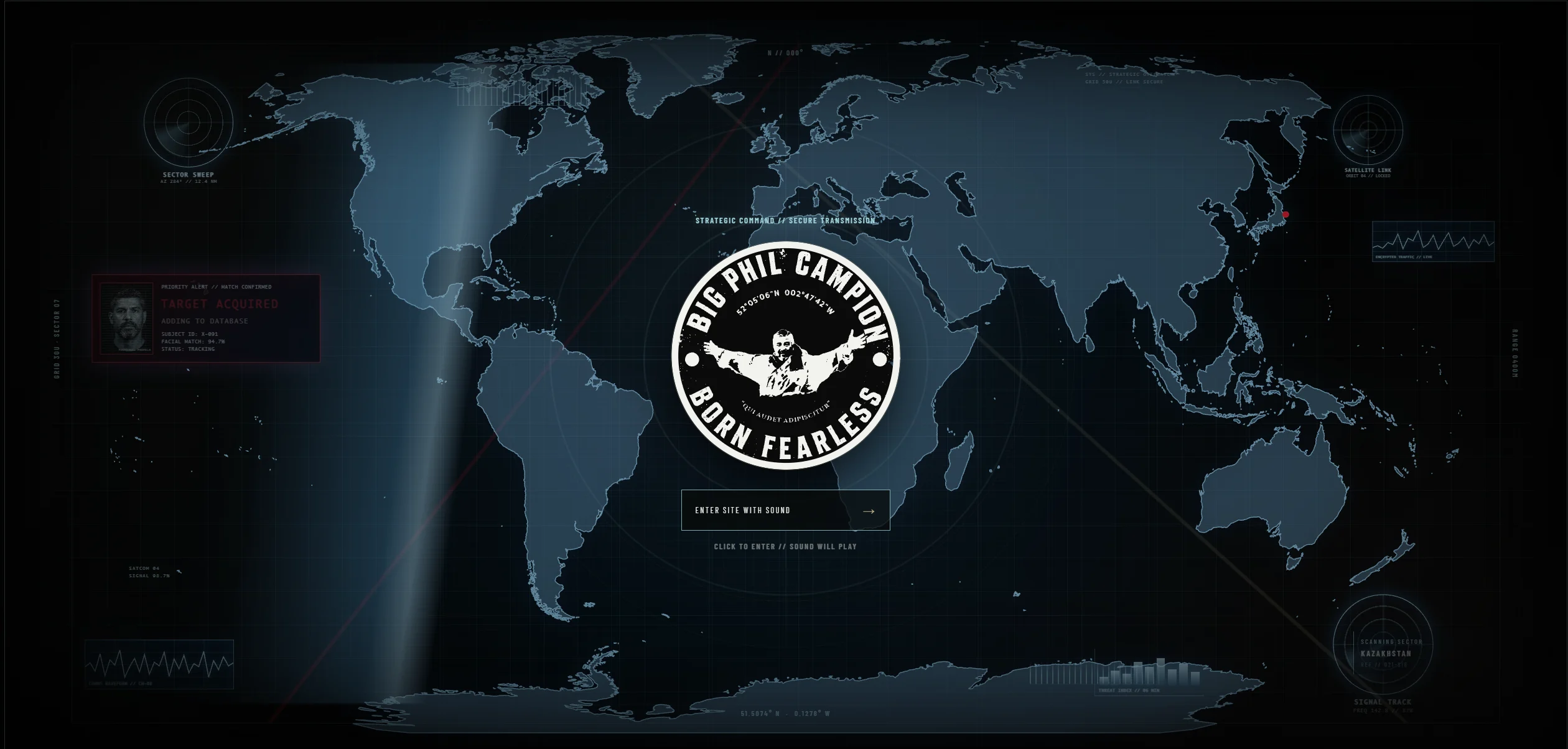 Work-in-progress preview of Big Phil Campion’s Born Fearless website, with its emblem centred over a world map